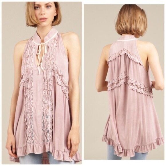 𝅺BOHO Sleeveless Swing Top with Lace - Picture 3 of 13